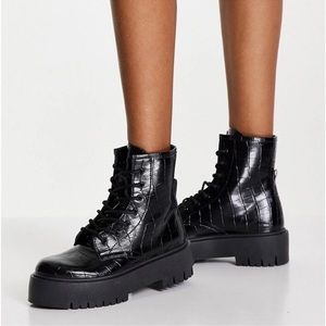Steve Madden Black Croc-Embossed Combat Boots